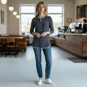 Lauren Ralph Lauren Petite Navy Blue White Geometric Keyhole Long Sleeve Top PXS